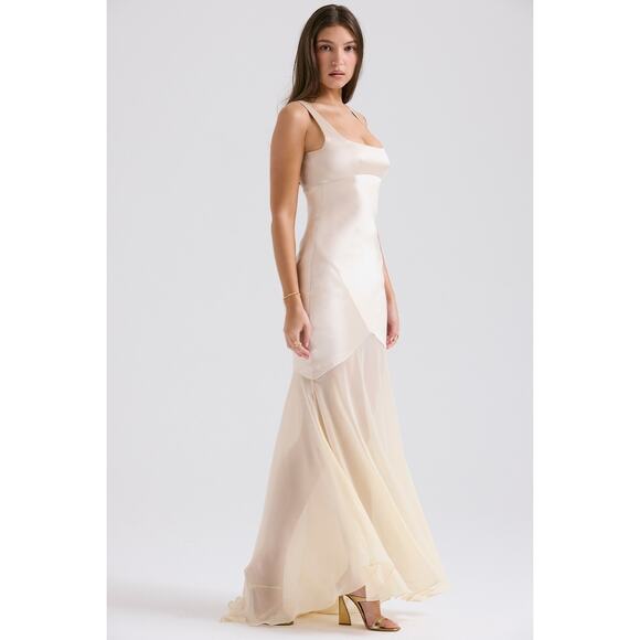 House of CB Vittoria Champagne Chiffon Floral Length Gown Size L Large - Picture 3 of 10